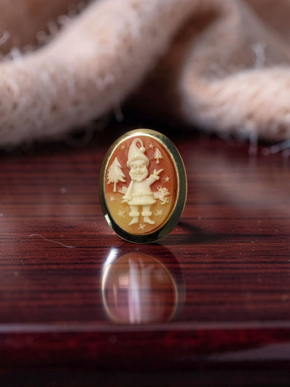 Vintage Gold-Tone Elf Cameo Brooch With Red & White Festive Design